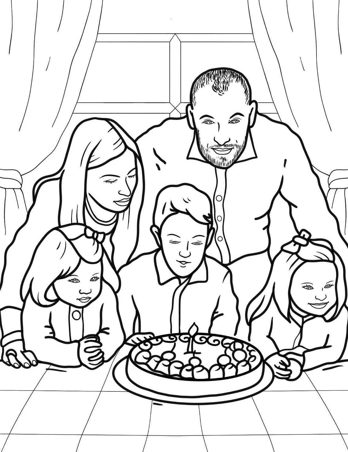 Página para colorear de familia celebrando cumpleaños