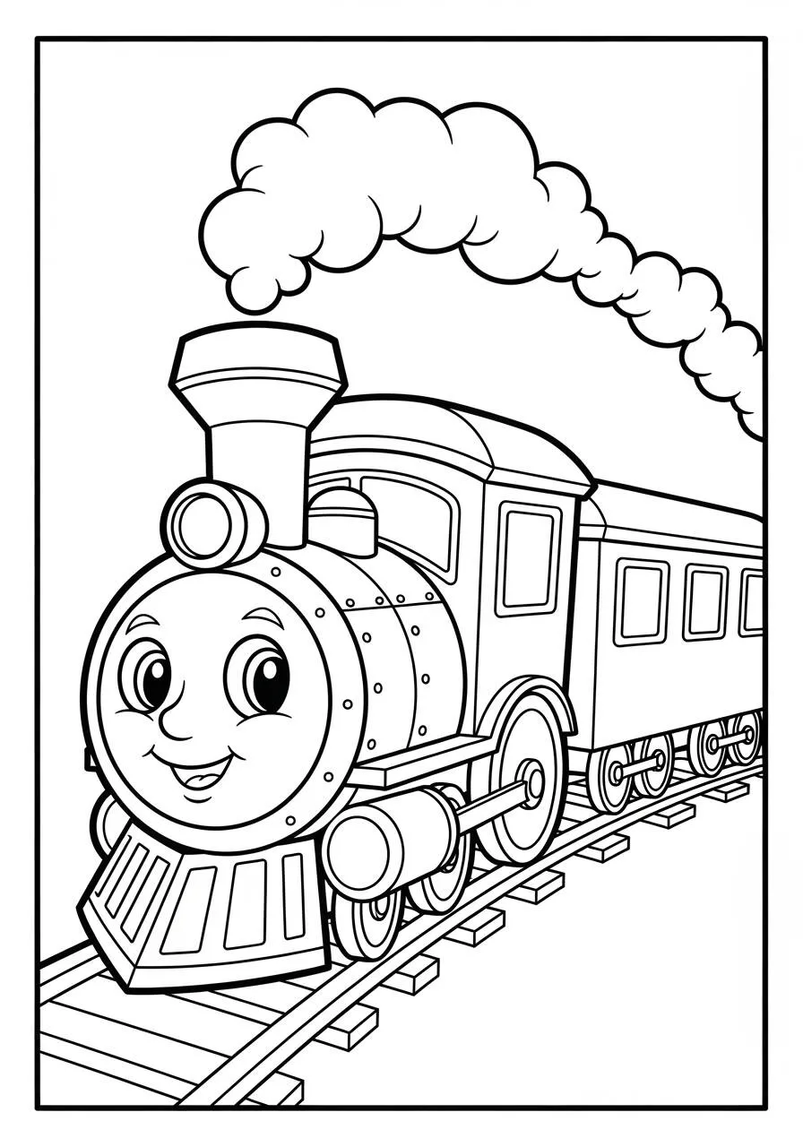 Divertente pagina da colorare di treni con sorriso e vapore