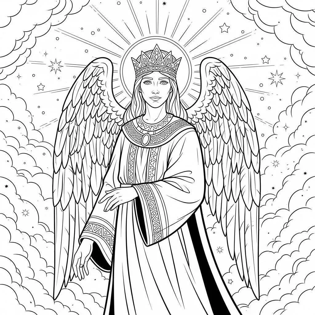 Pagina da colorare di angelo maestoso con corona