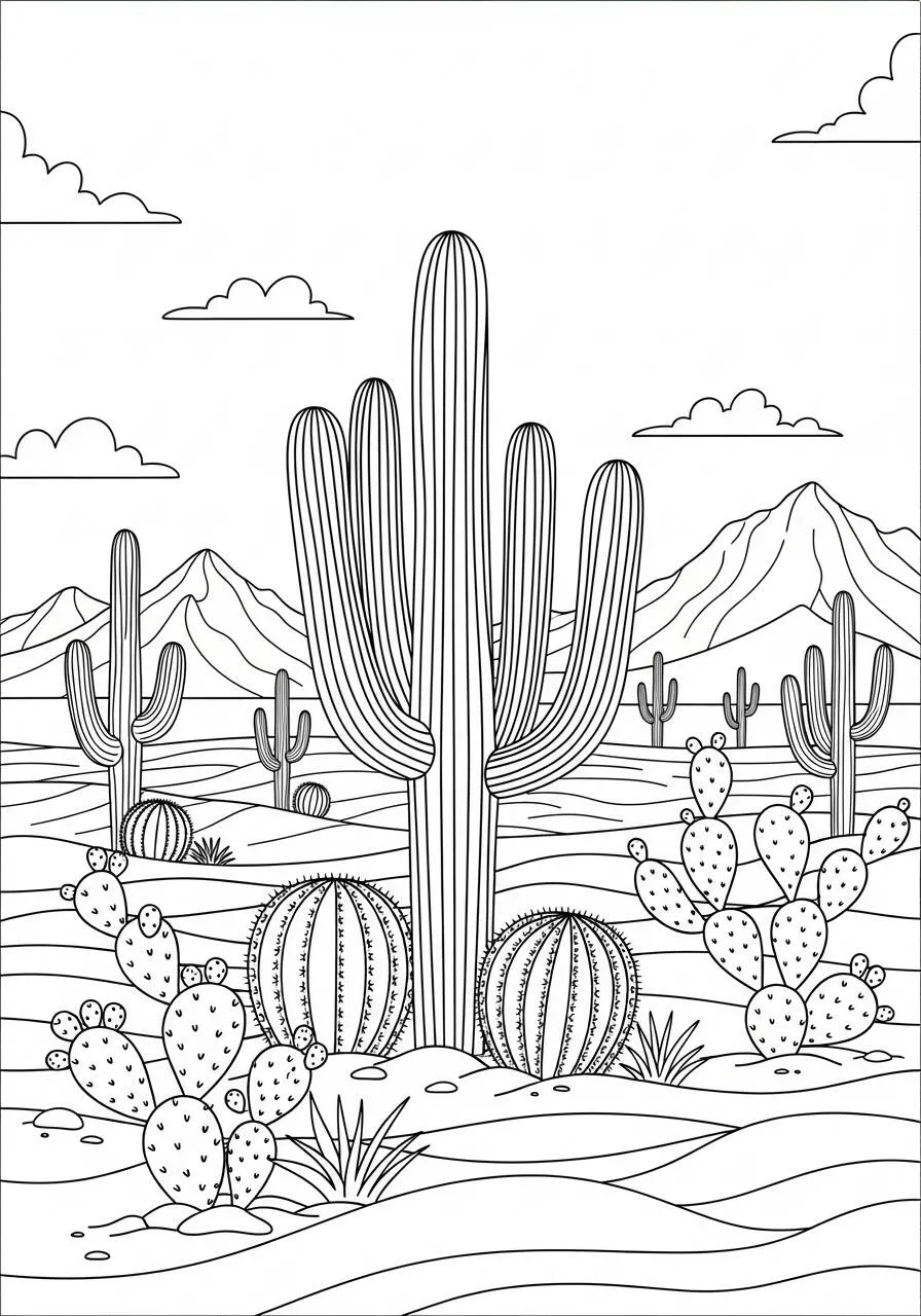Pagina da colorare della natura desertica con cactus e montagne