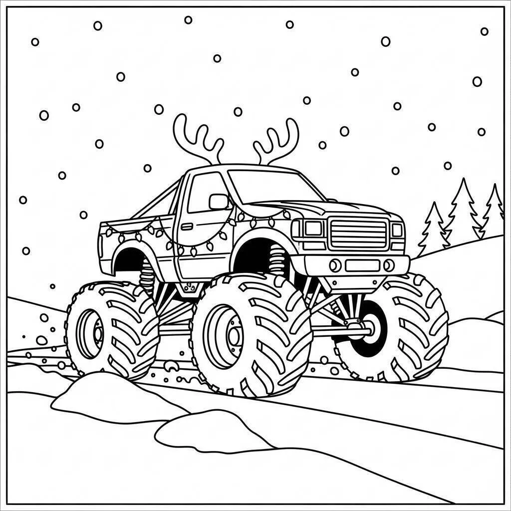 Malvorlage „Monstertruck mit Rentiergeweih“.