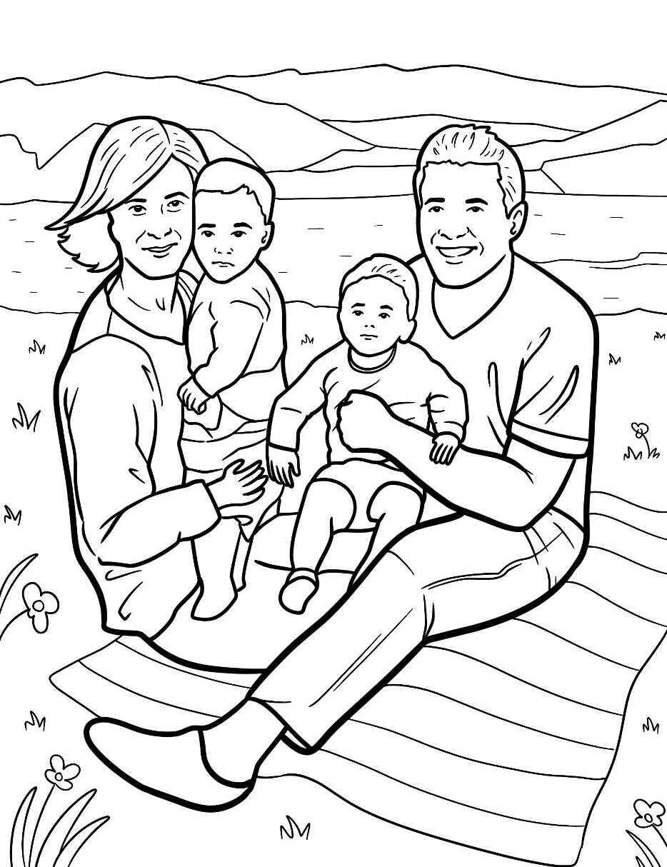Dibujo para colorear de familia relajándose en la naturaleza