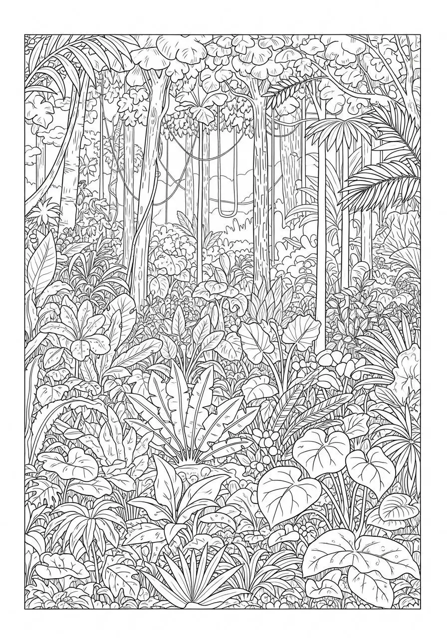 Disegno della natura della foresta tropicale con piante e alberi da colorare