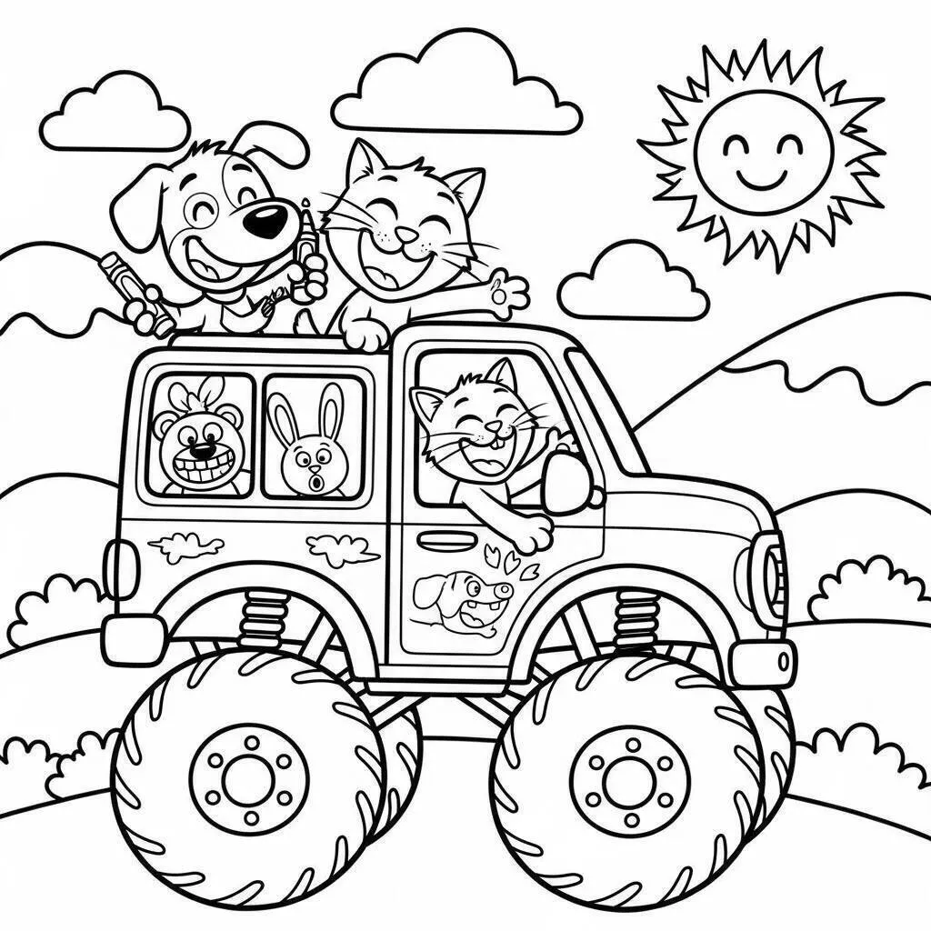 Monstertruck mit lustigen Tieren zum Ausmalen