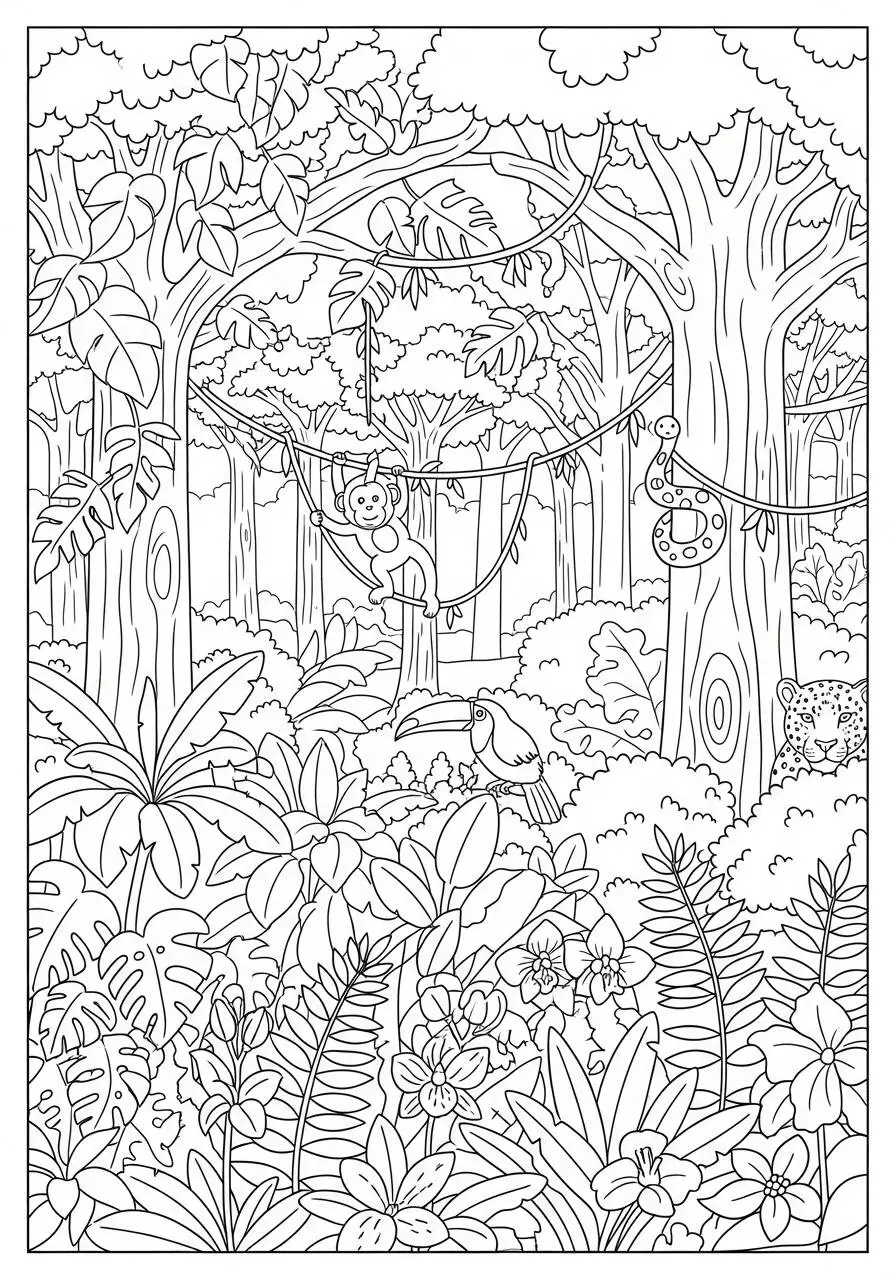 Pagina da colorare della natura della foresta tropicale con animali