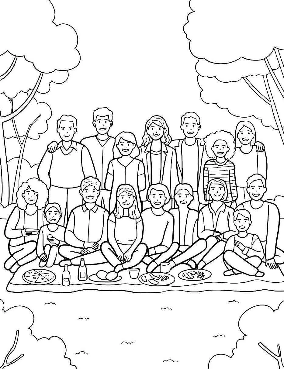 Gran Familia en Picnic Dibujo para colorear
