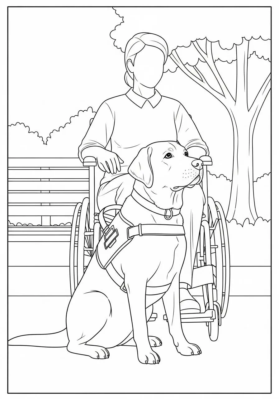 Coloriage Labrador Retriever accompagnant une personne en fauteuil roulant