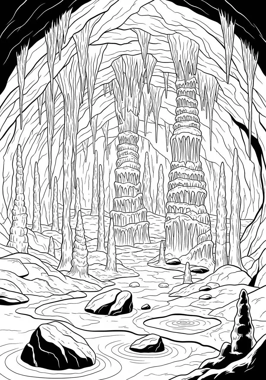 Disegno della natura rupestre con stalattiti e stalagmiti da colorare