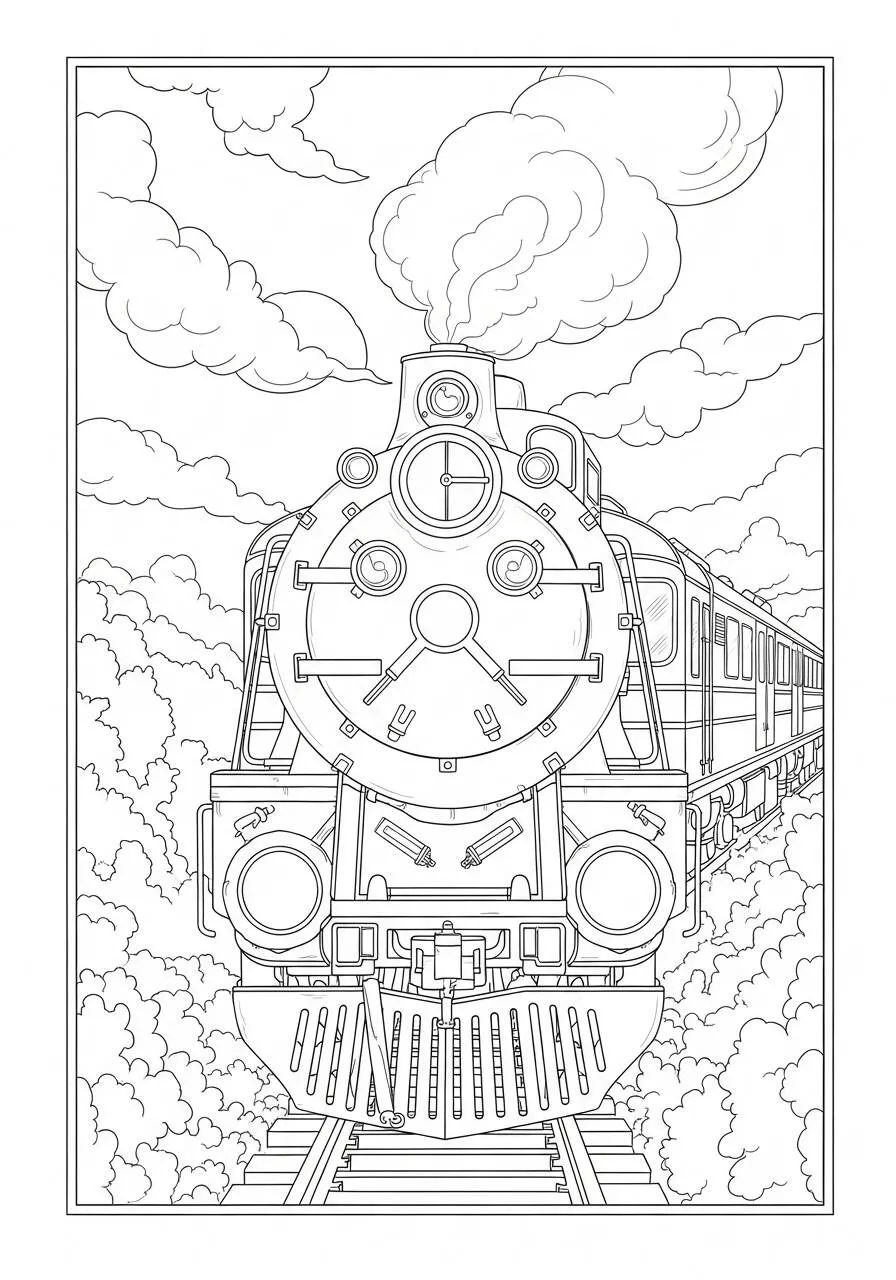Coloriage de train classique avec paysage