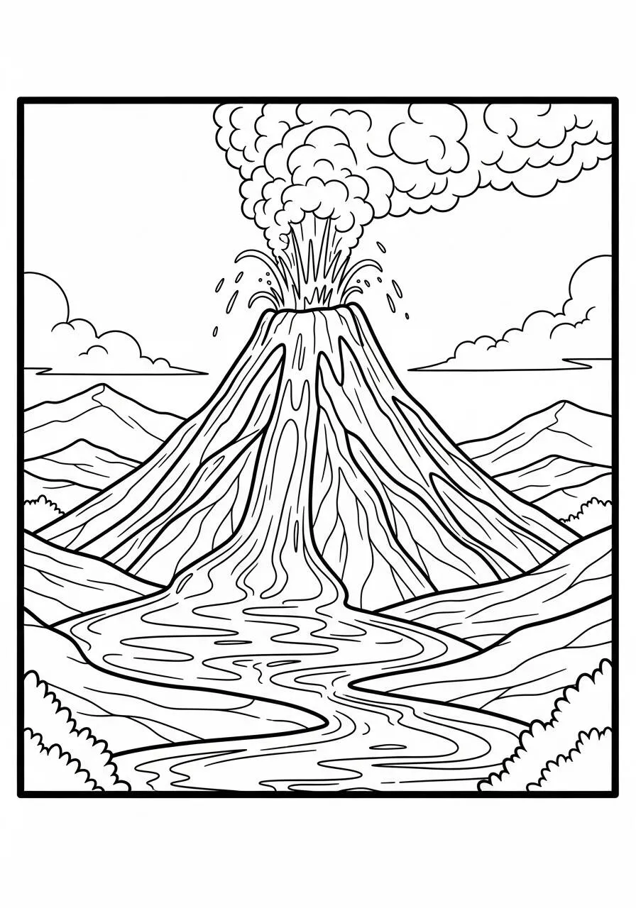 Pagina da colorare della natura del vulcano in eruzione