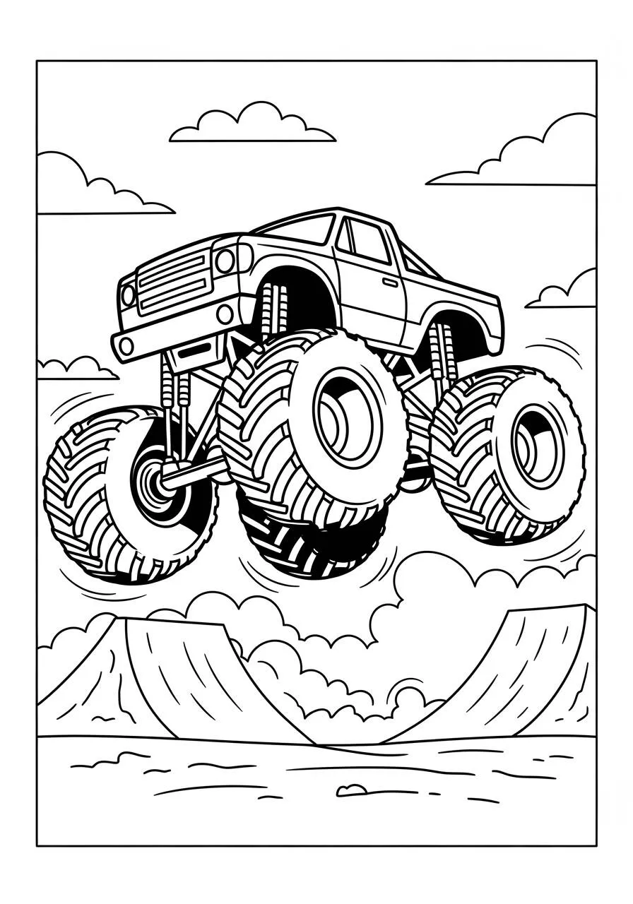 Ausmalbild: Monstertruck springt über Berge