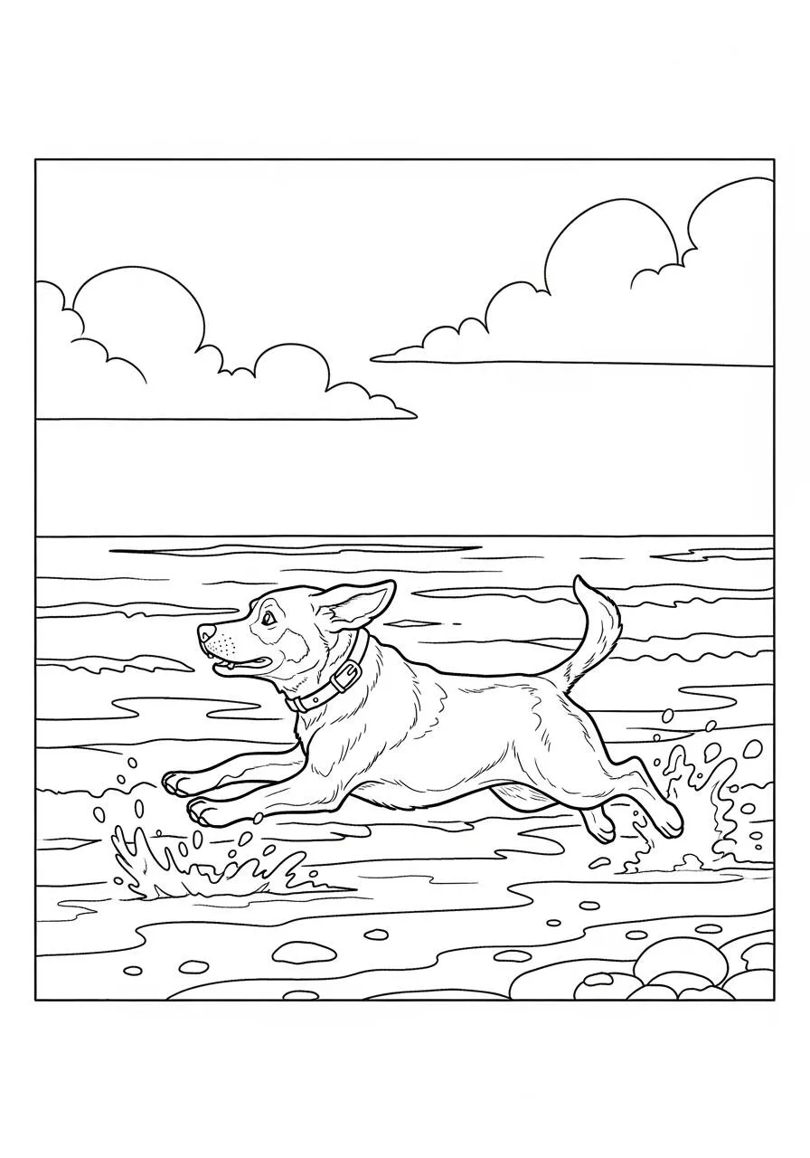 Dibujo de Perro Labrador Retriever jugando en la playa para colorear
