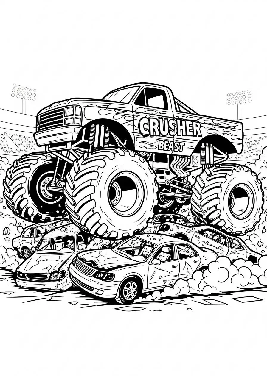 Malvorlage „Monstertruck Crusher Beast Smashing Cars“.