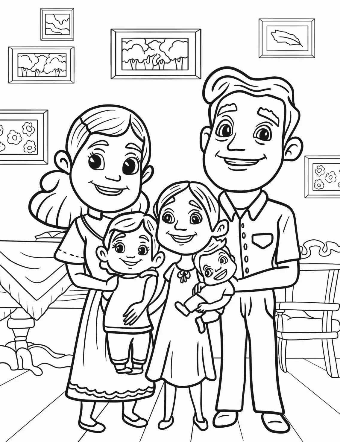 Página para colorear de familia feliz en casa