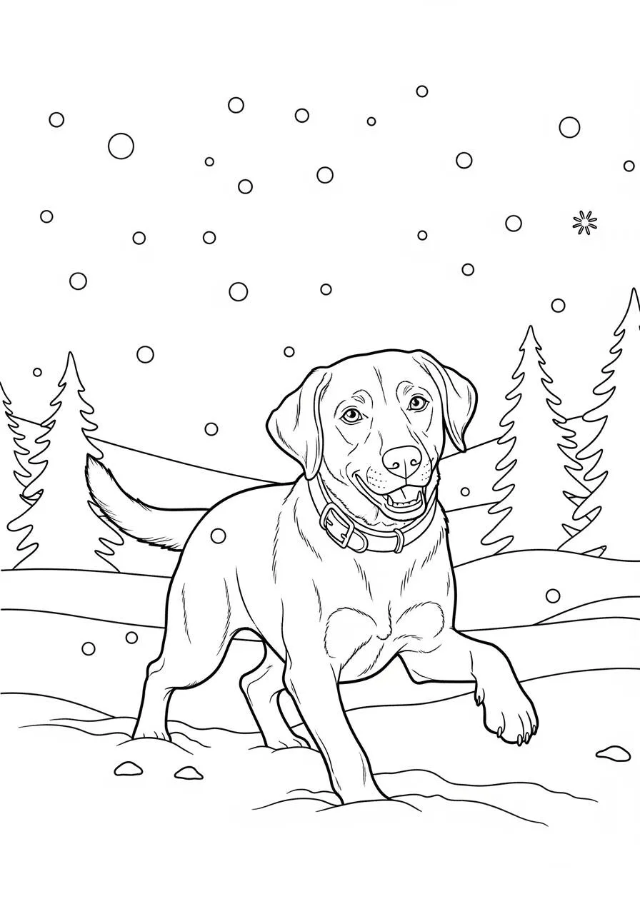 Labrador Retriever Playing in the Snow Coloring Page