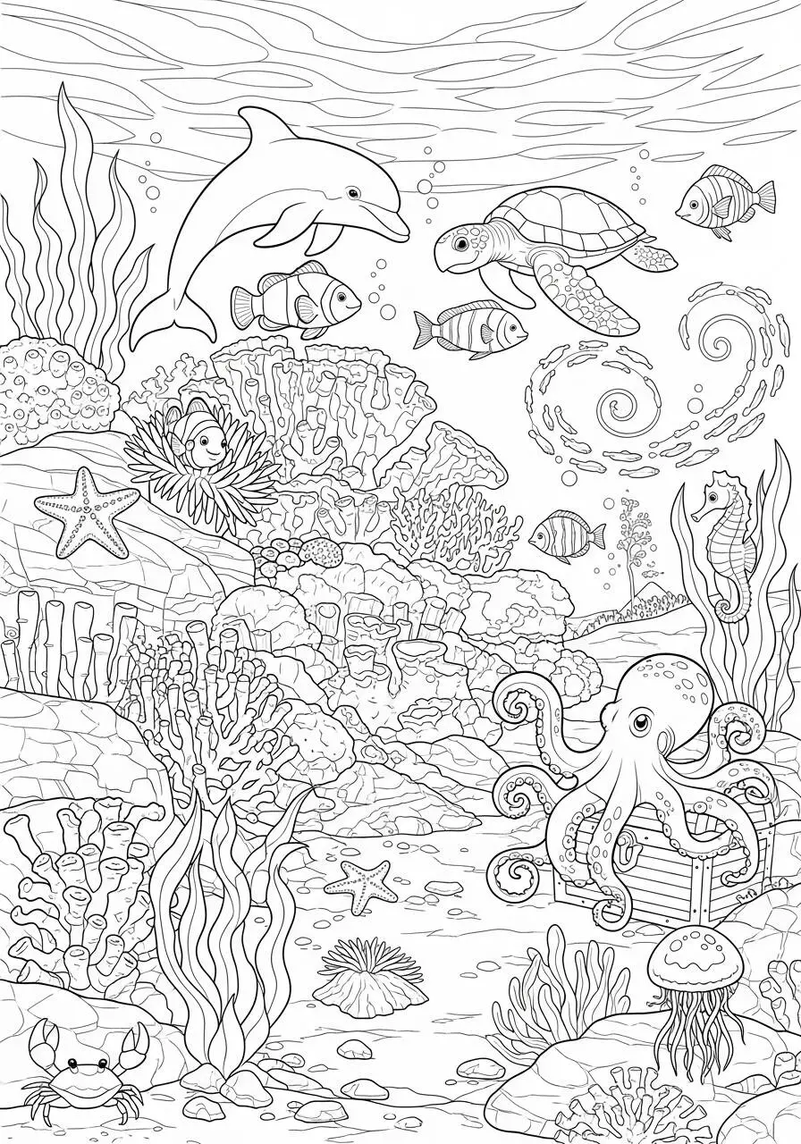 Página para colorear de animales marinos del mundo submarino