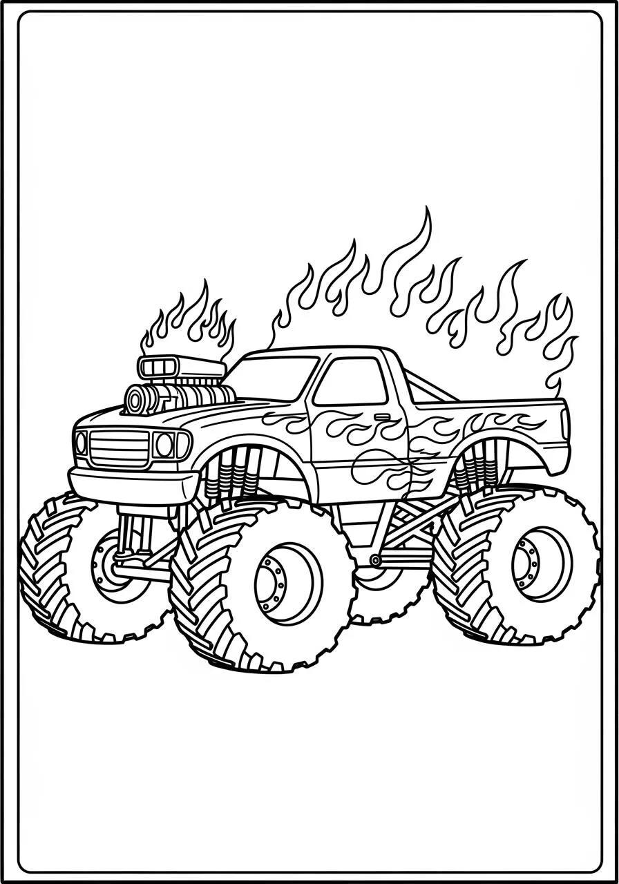 Ausmalbild: Monstertruck mit Flammen und Riesenrädern
