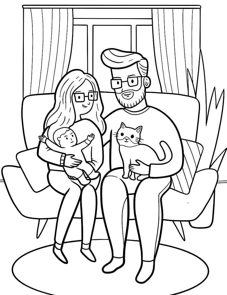 Página para colorear de familia con bebé y gato