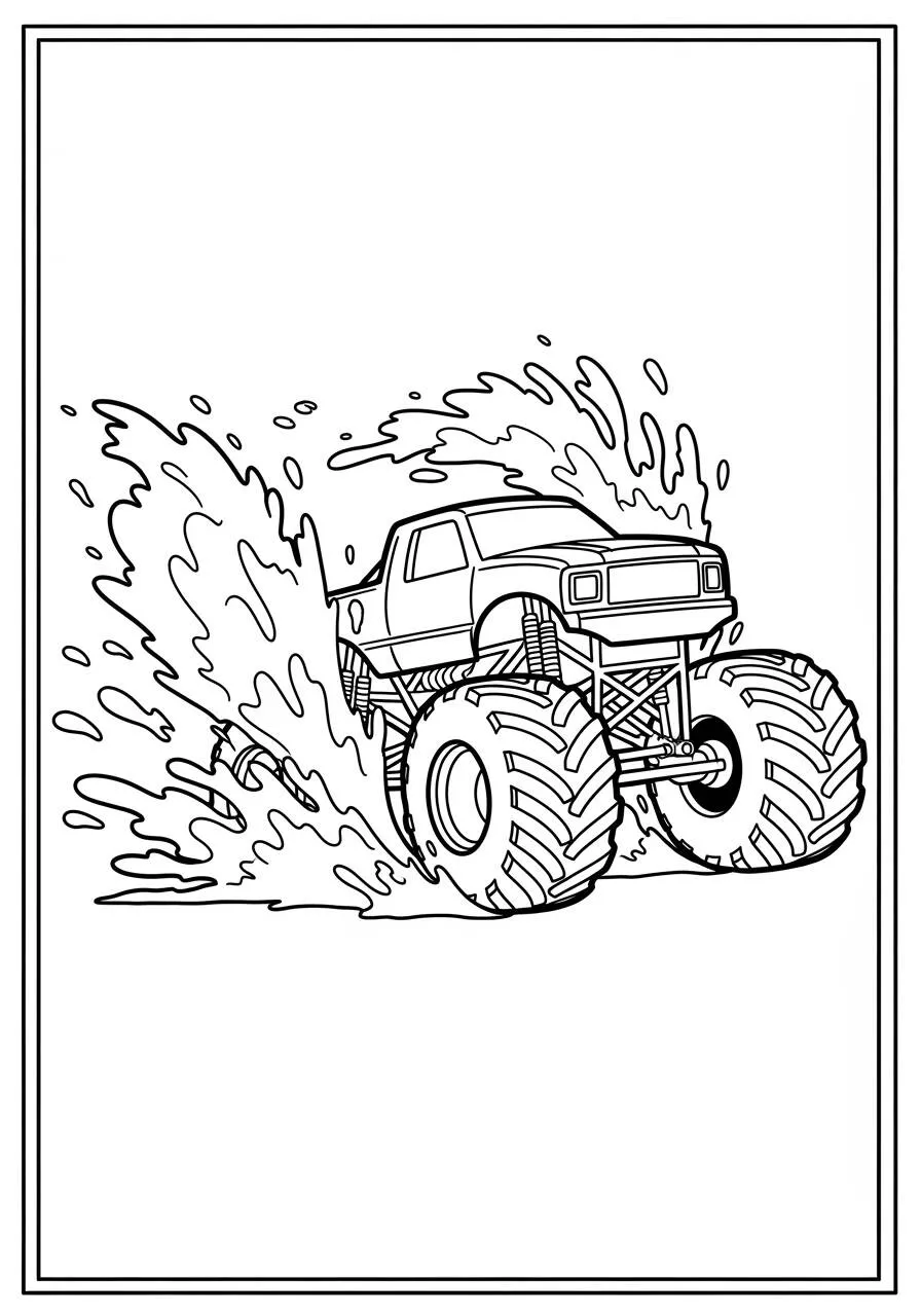 Ausmalbild: Monstertruck springt in Wasserpfützen