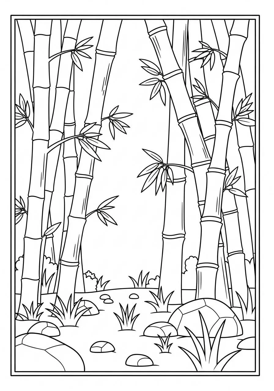 Pagina da colorare della natura di bambù e pietre