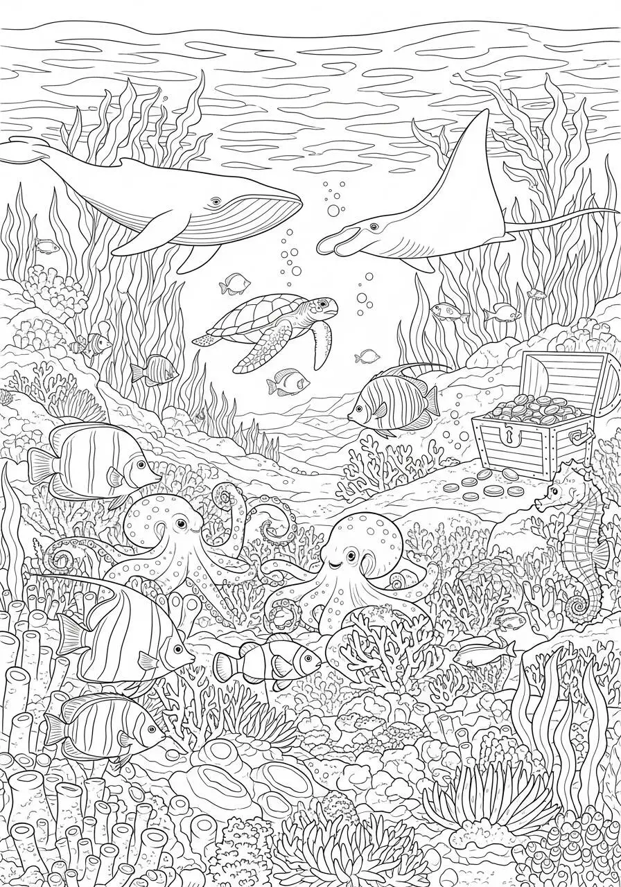 Dibujo para colorear de vida submarina de animales marinos con tiburones y tortugas