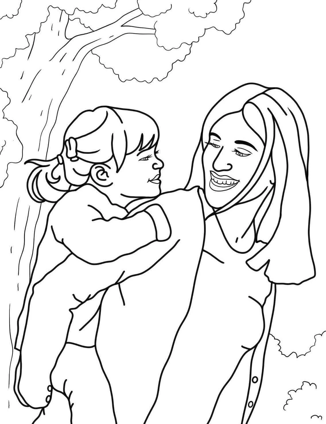 Página para colorear madre e hija jugando en la naturaleza