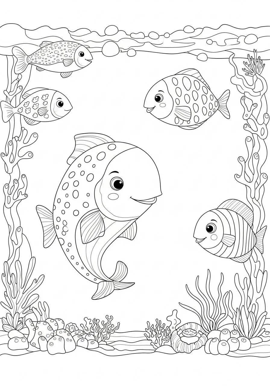 Página para colorear de animales marinos, peces de colores en el arrecife