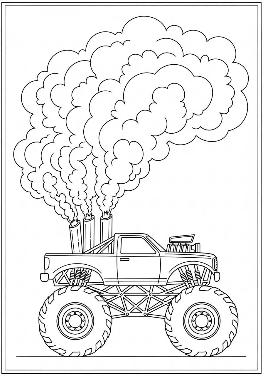 Ausmalbild: Monstertruck mit Rauch und Riesenrädern