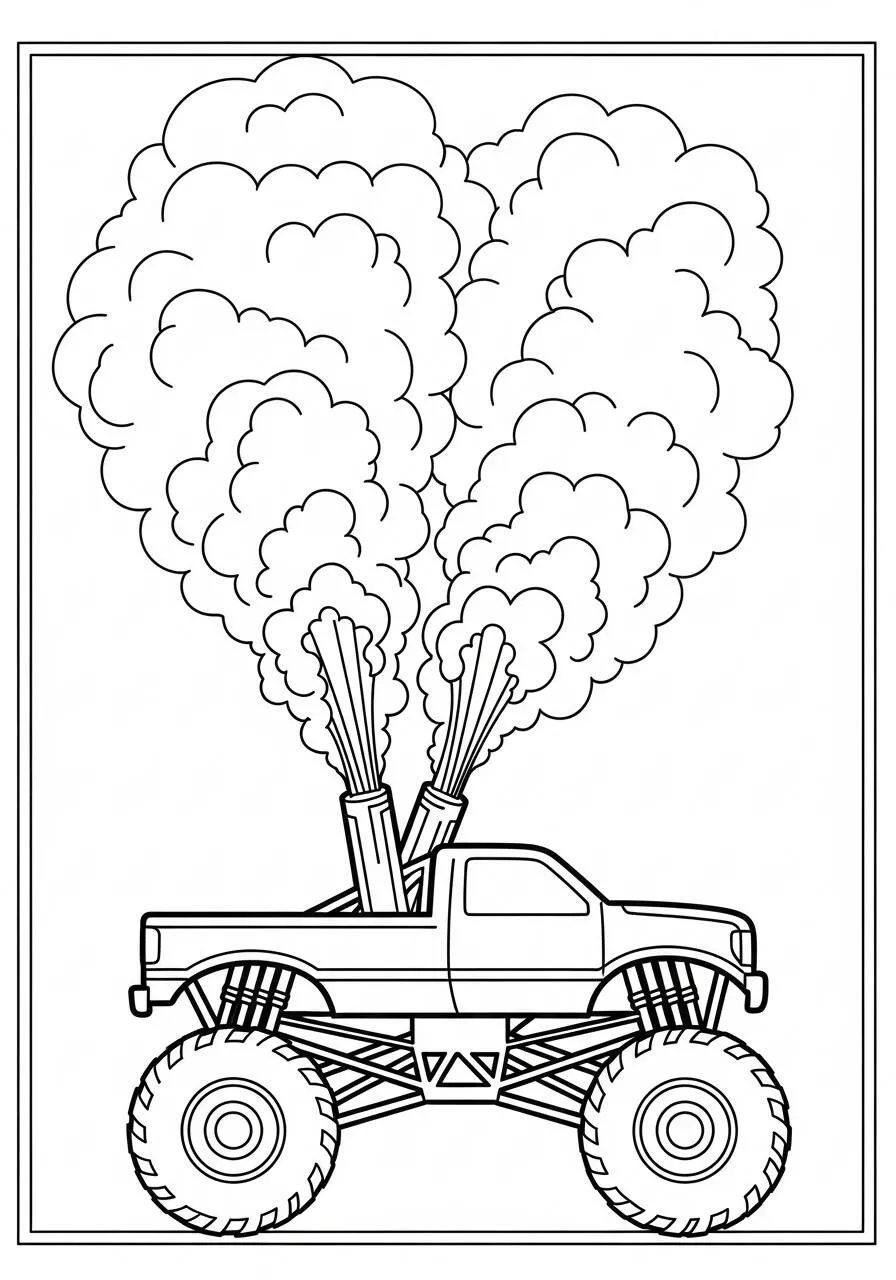 Ausmalbild: Monstertruck mit Rauch und Riesenrädern