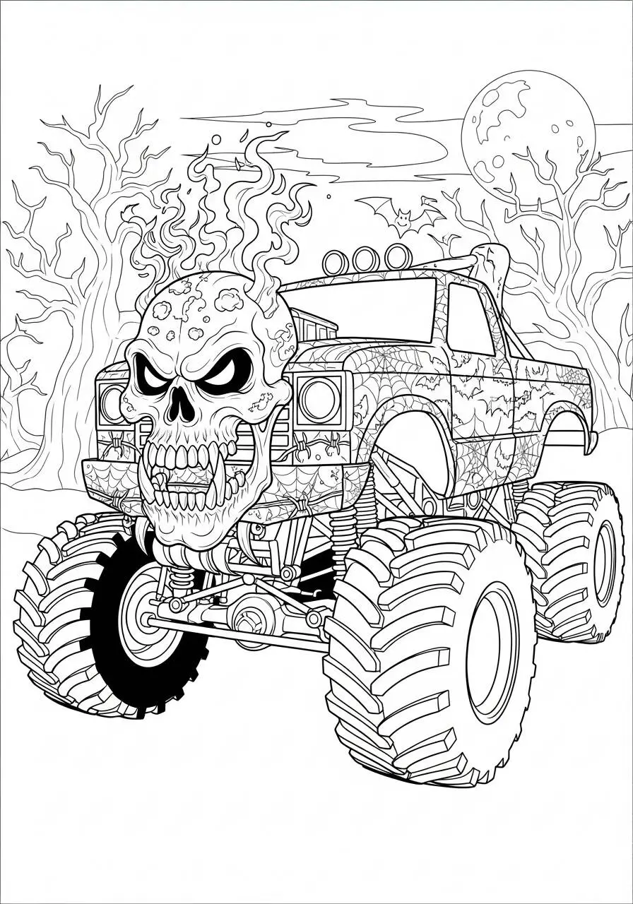 Malvorlage „Monstertruck mit Totenkopf“.