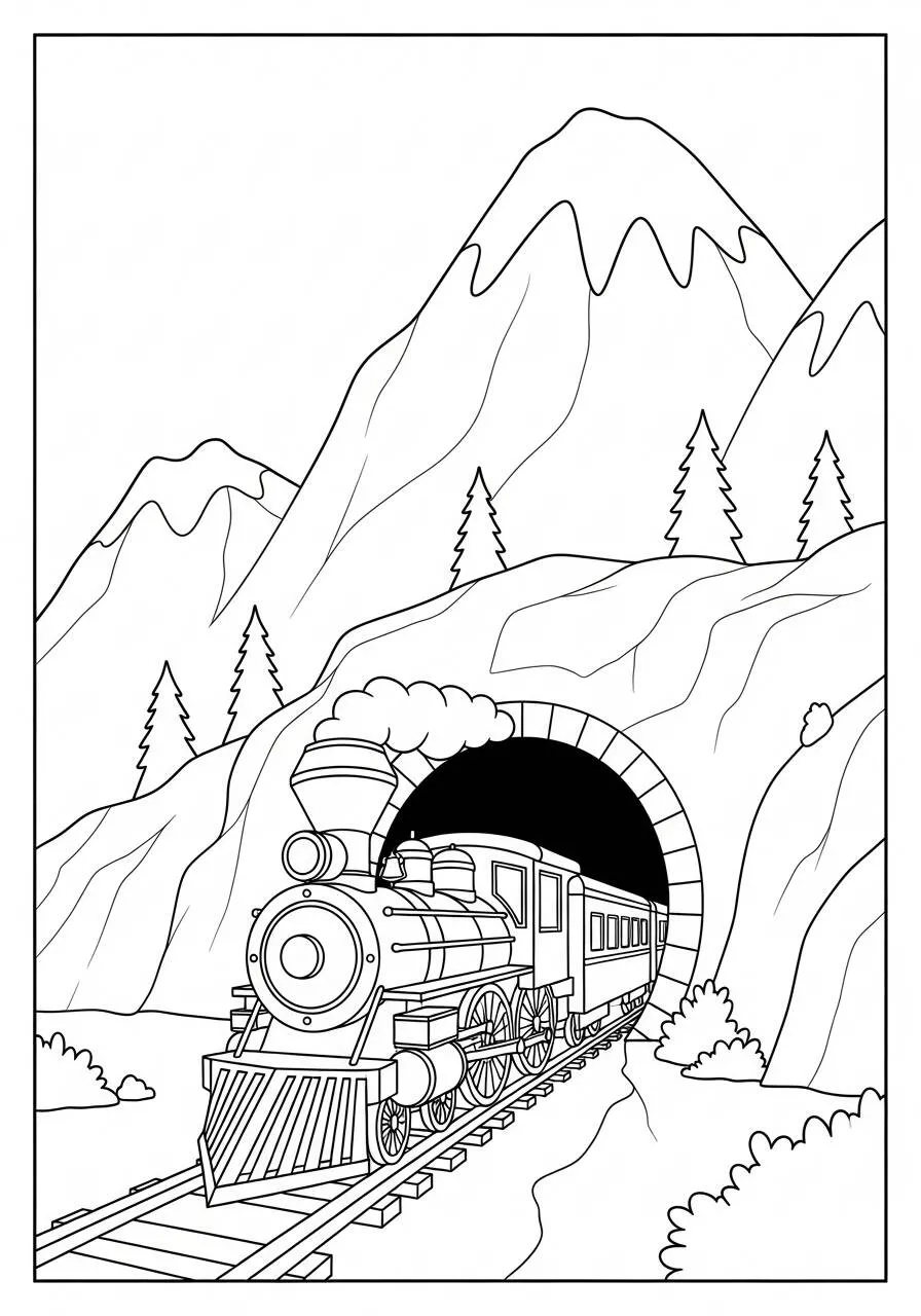 Ausmalbild: Zug betritt den Tunnel
