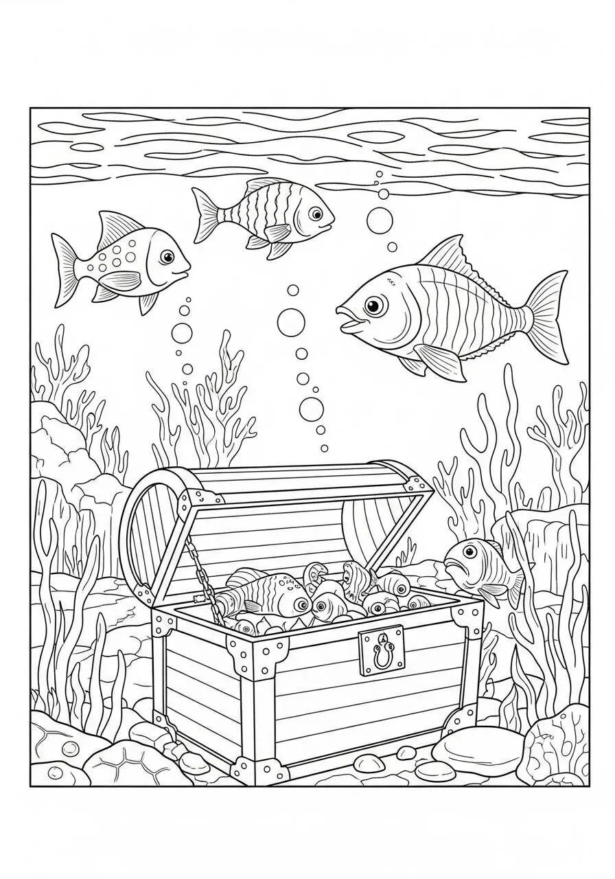 Página para colorear de animales marinos, peces en un cofre del tesoro