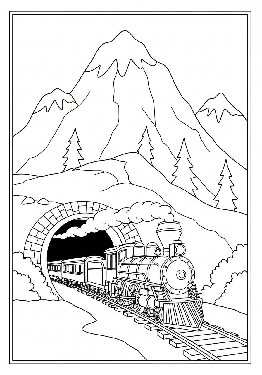 Ausmalbild: Zug verlässt den Tunnel in den Bergen