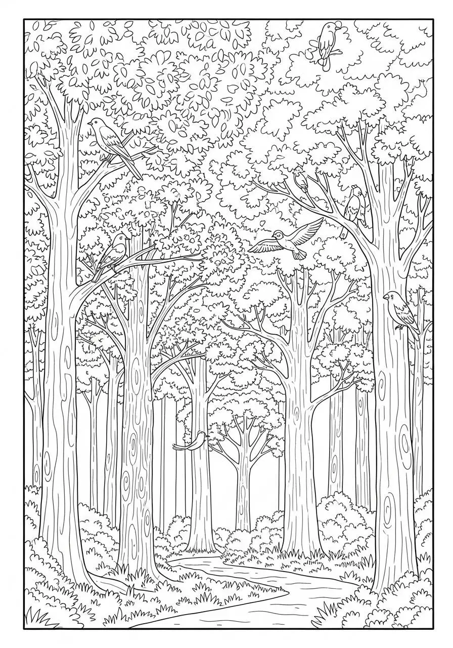 Disegno da colorare foresta naturale con alberi e uccelli