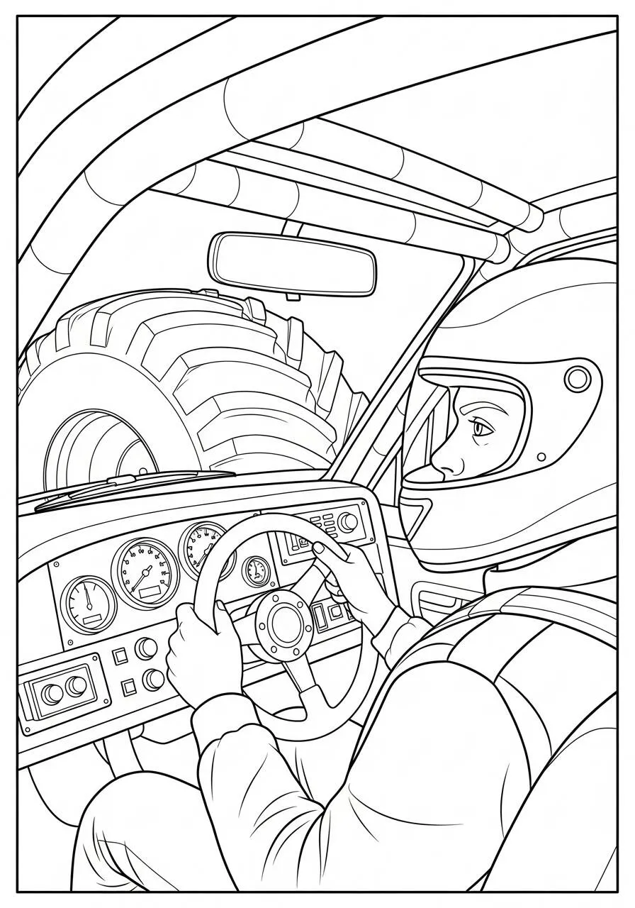 Malvorlagen „Monstertruck im Cockpit“.