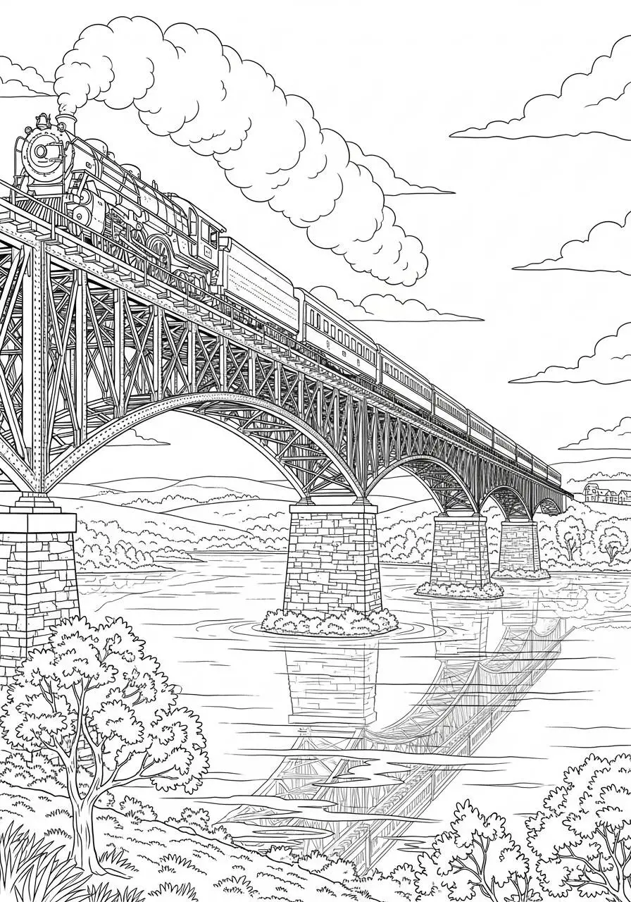 Ausmalbild: Zug fährt über eine Brücke