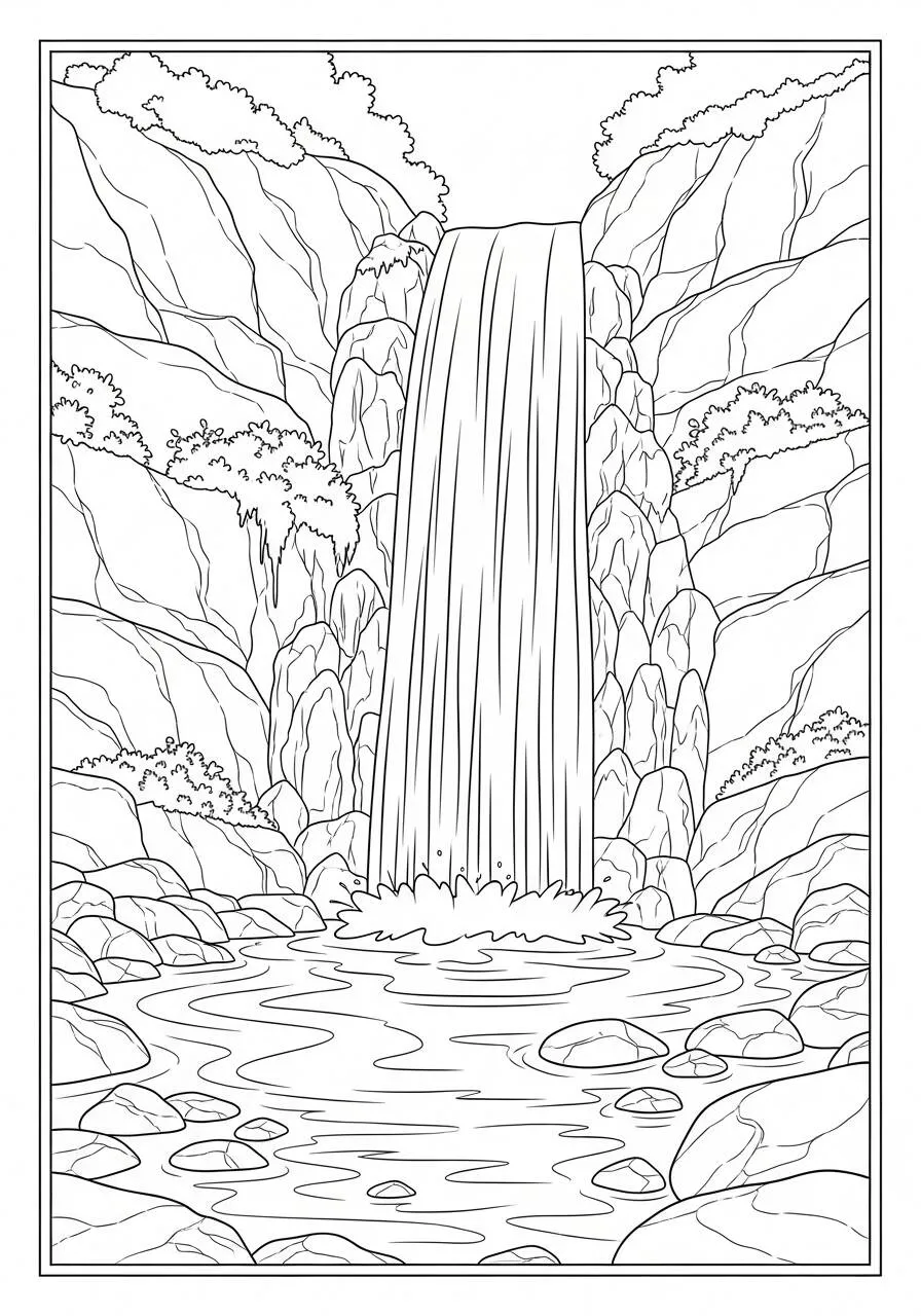 Cascata naturale con acqua che cade da colorare