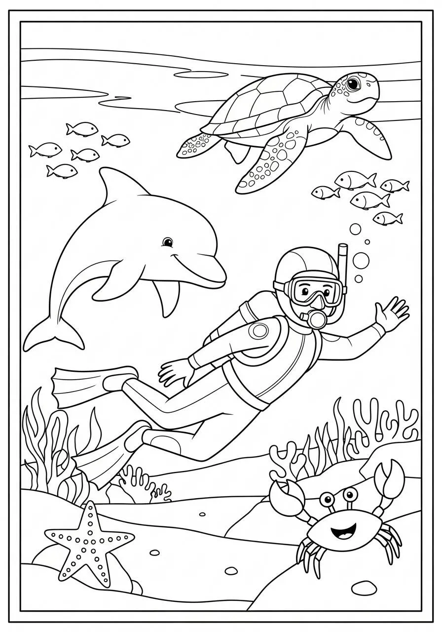 Página para colorear de animales marinos de delfines y tortugas