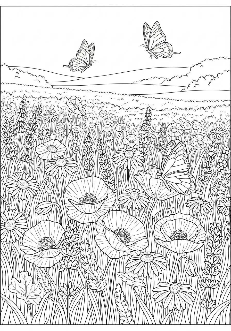 Dibujo para colorear de campo de flores naturales con mariposas