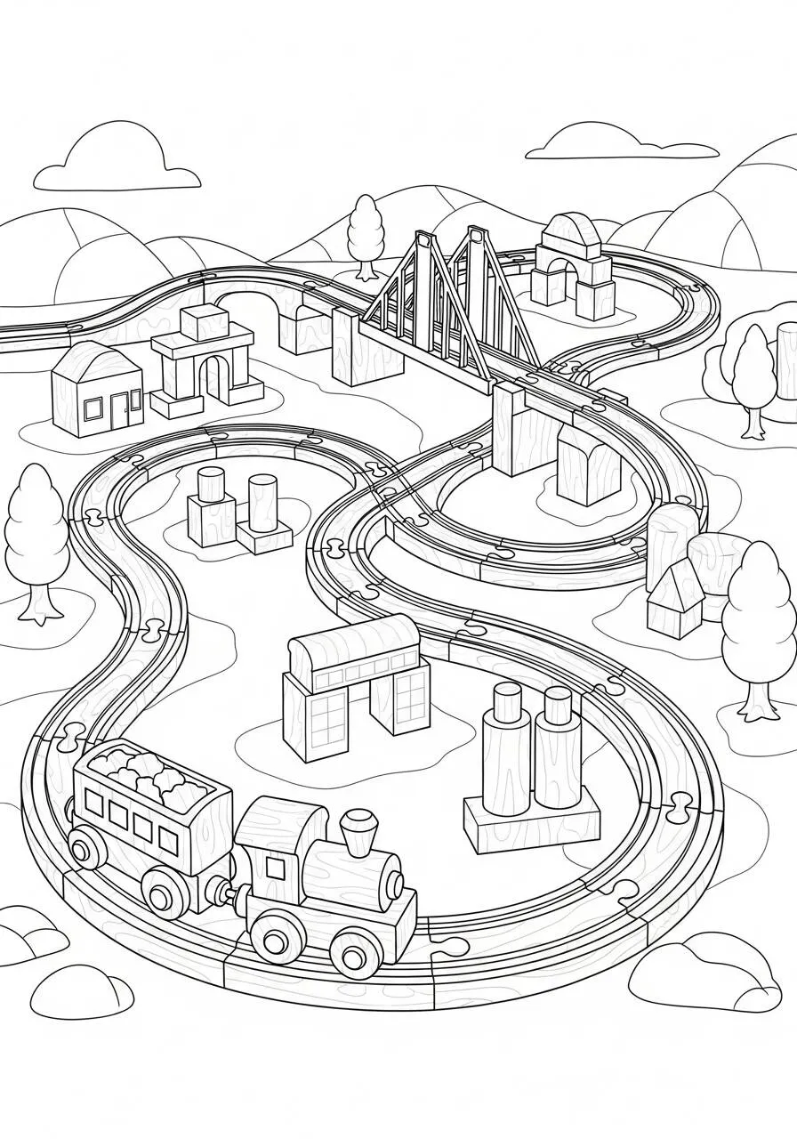 Ausmalbild: Zug in einer Landschaft mit Brücke und Häusern