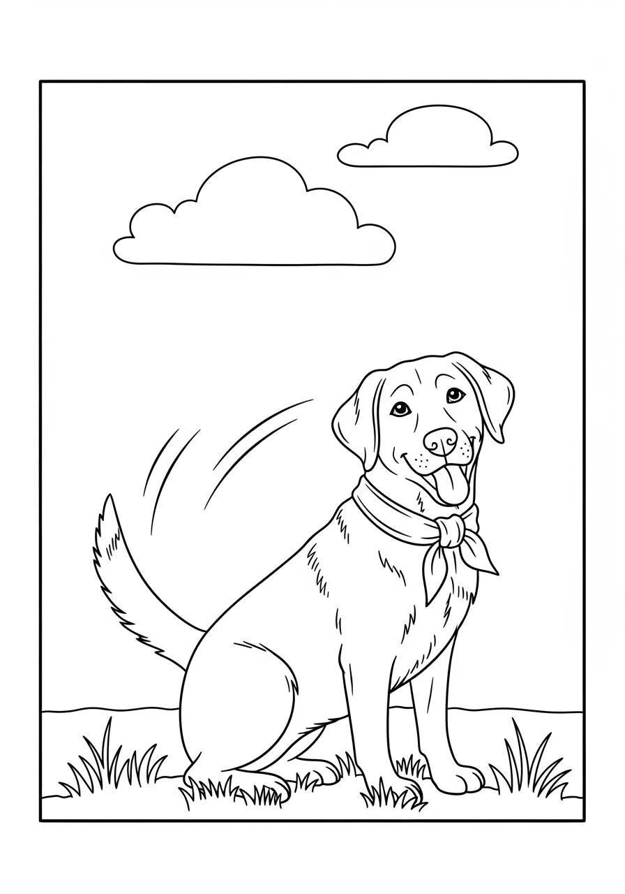 Dibujo de Perro Labrador Retriever sentado con bufanda para colorear