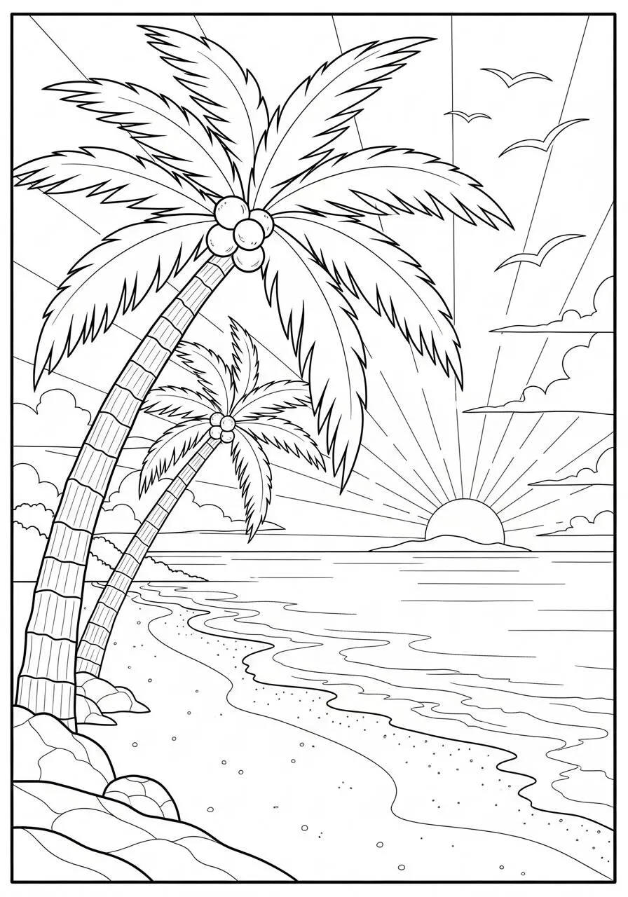 Página para colorear de playa natural con palmeras y puesta de sol