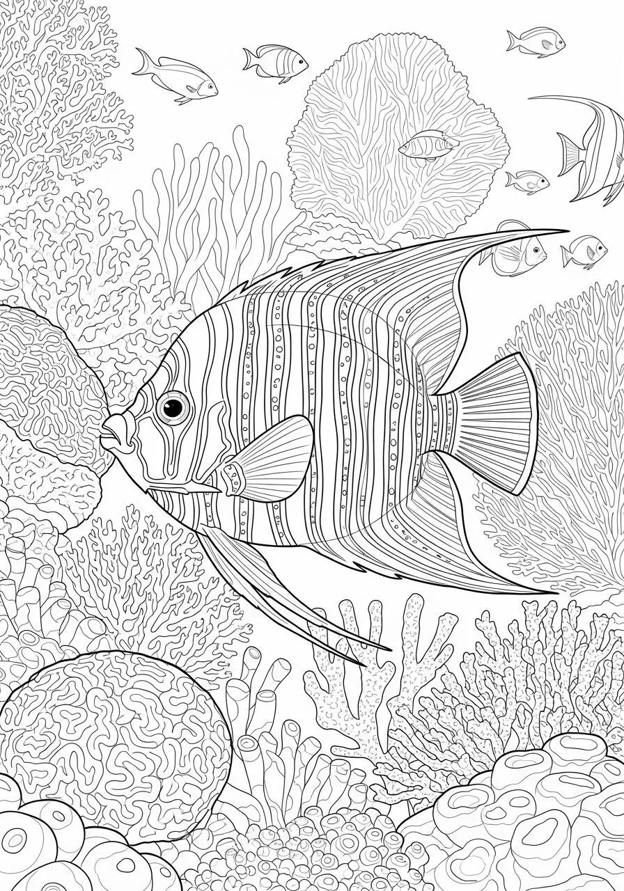 Página para colorear de pez ángel, animal marino en arrecife de coral