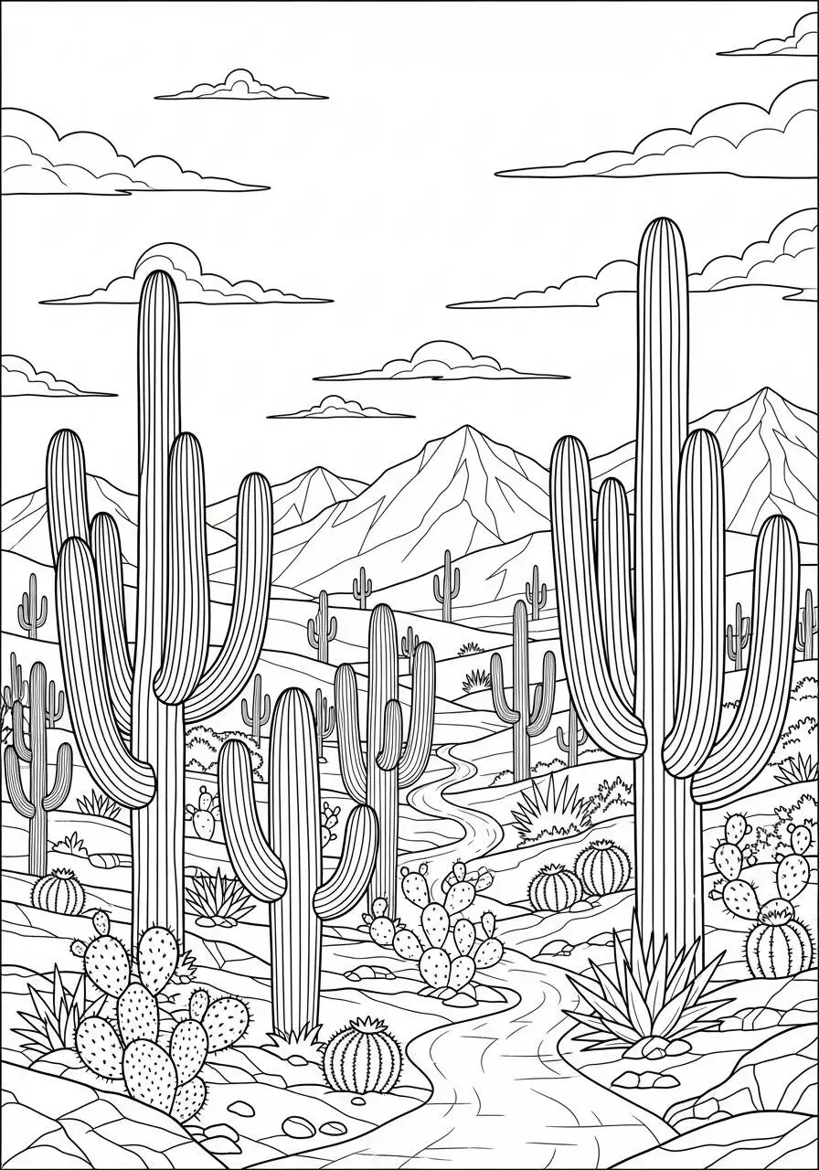 Página para colorear de la naturaleza del desierto con cactus y montañas