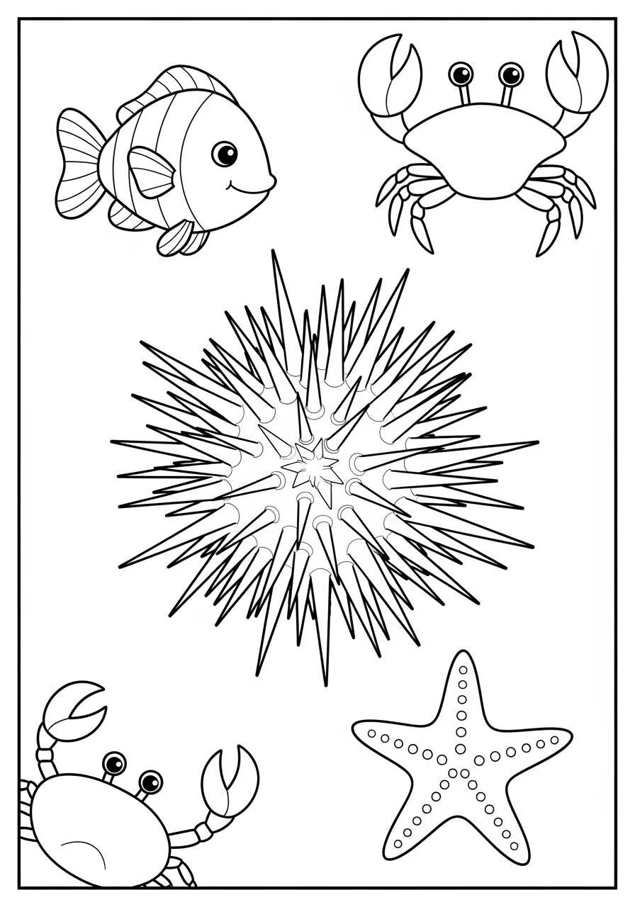 Página para colorear de animales marinos, peces coloridos con estrellas de mar y cangrejos