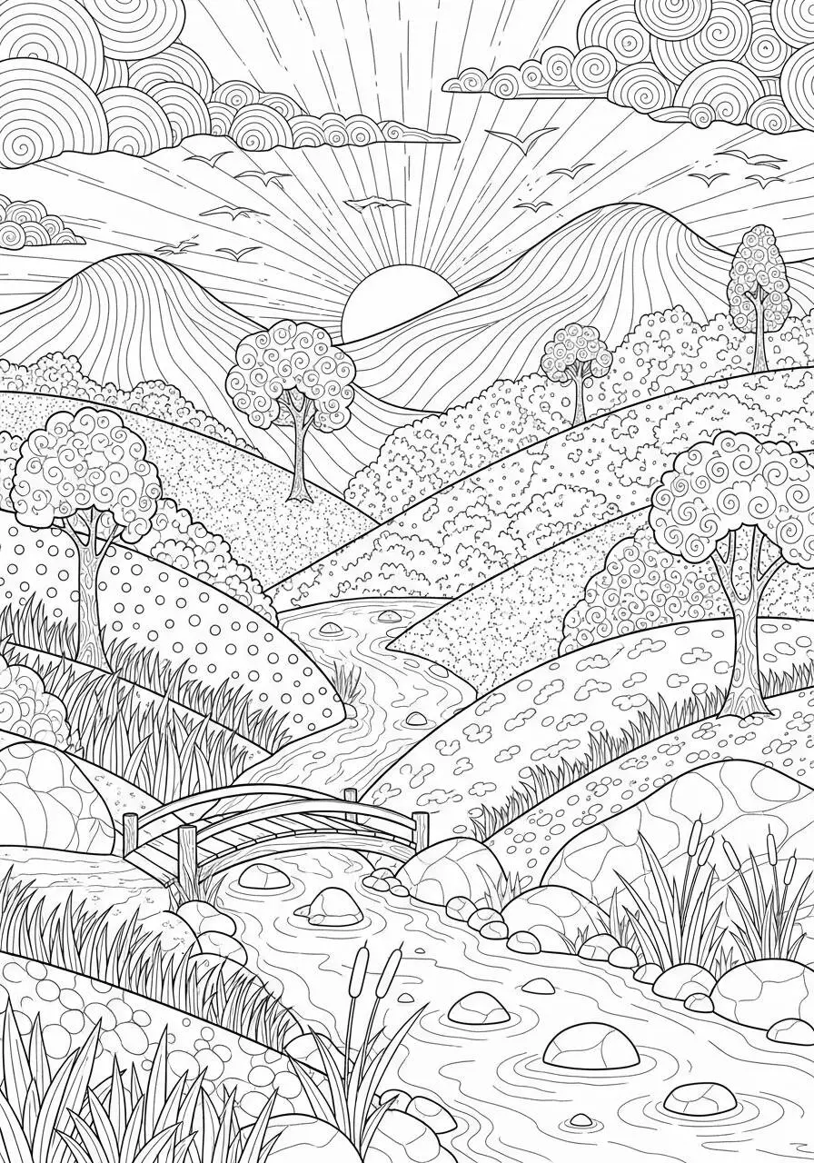 Dibujo para colorear de paisaje natural con puente y río
