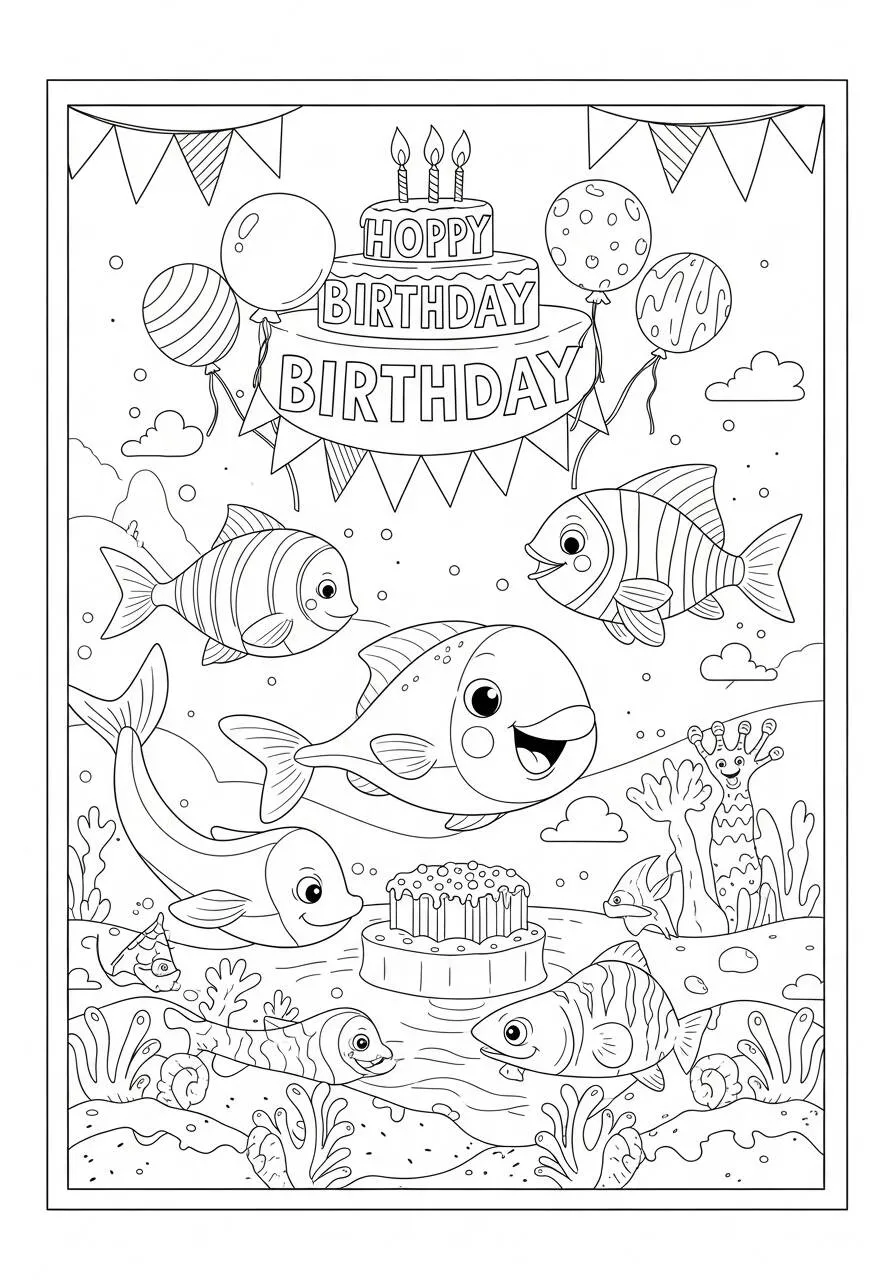 Página para colorear de peces festivos de animales marinos
