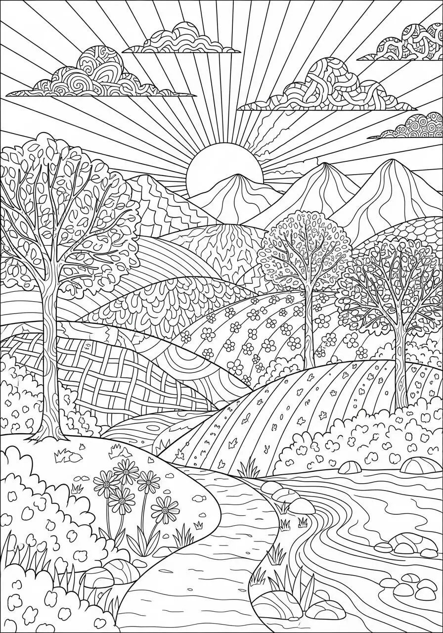 Página para colorear de paisaje natural con montañas y sol