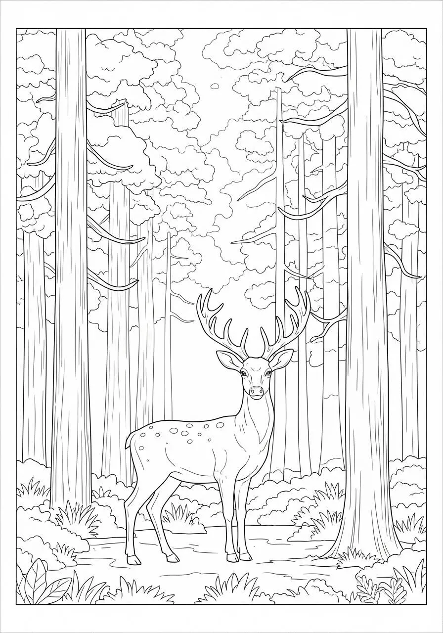 Naturaleza con ciervos en el bosque para colorear