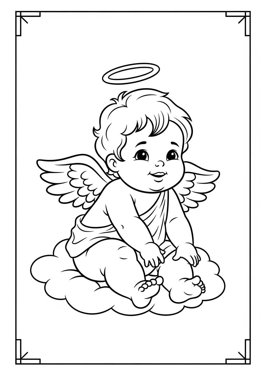 Ausmalbild: Baby-Engel sitzt in den Wolken